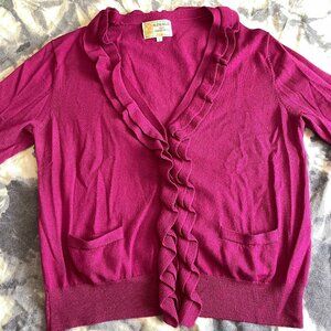 Gleneagle Merino Wool v-neck ruffle trim button down fitted cardigan magenta col
